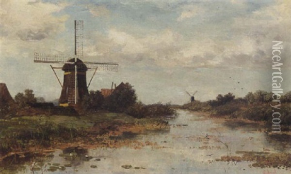 Windmills In A Landscape Near Abcoude Oil Painting - Paul Joseph Constantin Gabriel