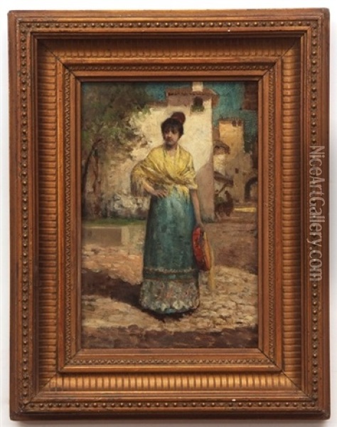 Girl In Sunlit Square Oil Painting - Victoriano Codina Y Langlin