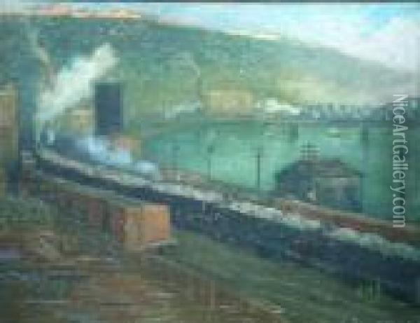 Railroad Yard By The River Oil Painting - Aaron Harry Gorson
