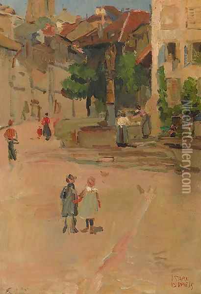 Figures by the St. Anne fountain in Fribourg, Switzerland Oil Painting - Isaac Israels