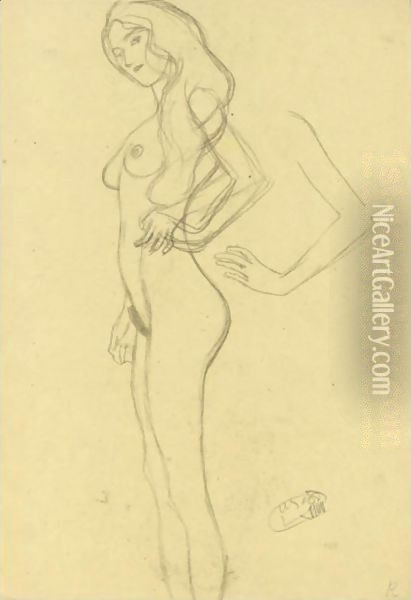 Standing Female Nude To The Left, Arm Study Oil Painting - Gustav Klimt