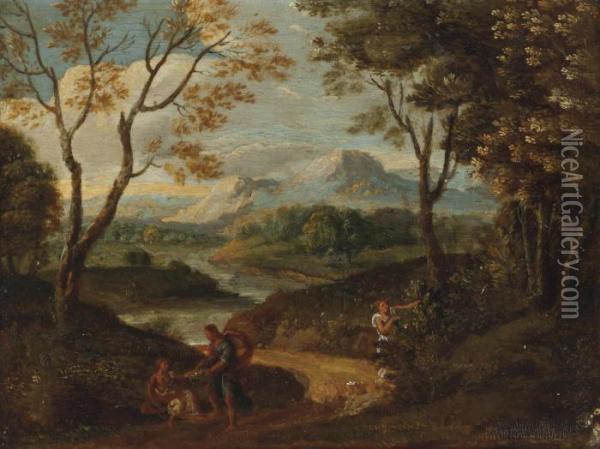 A Mountainous River Landscape With Figures On A Path Oil Painting - Gaspard Dughet Poussin