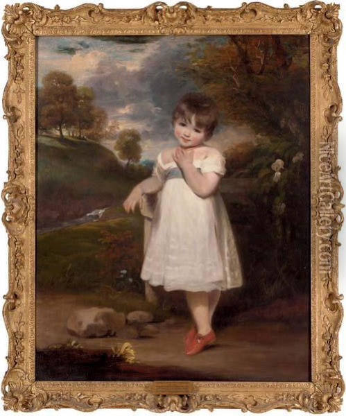Portrait Of Emma Laura Whitbread
 (d. 1857), Full-length, In A White Dress With A Blue Sash And A Coral 
Necklace, In A Wooded Landscape Oil Painting - John Hoppner