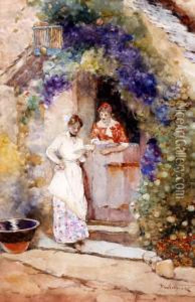 Two Ladies Conversing At A Cottage Doorway Oil Painting - David Woodlock