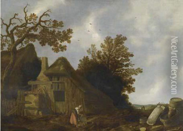 Landscape With Farmhouse. Oil Painting - Govert Dircksz. Camphuysen