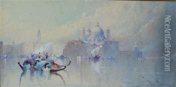 Venetian Canal Scene With Gondolas Oil Painting - William Knox