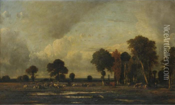 Landscape With Cattle And Sheep Grazing Oil Painting - Leon Victor Dupre