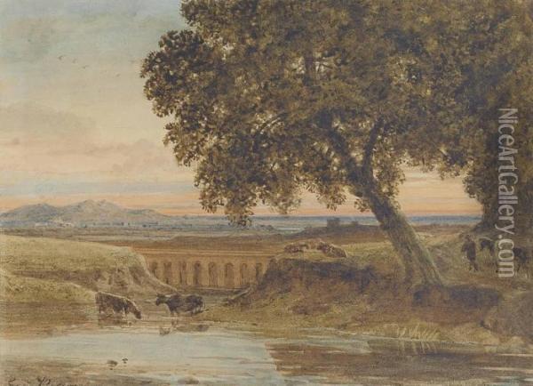 Cattle Watering Before A Viaduct Oil Painting - George Jnr Barrett