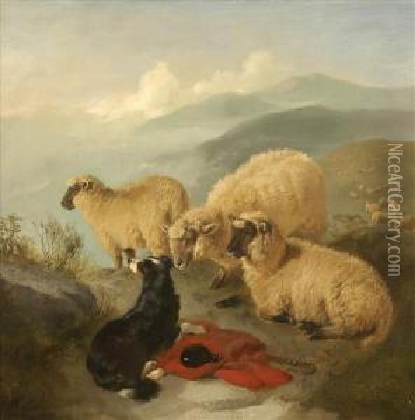 A Watchingbrief, Sheep Dog And Sheep In A Mountainous Landscape Oil Painting - George W. Horlor