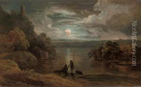 A Moonlit River Landscape With Anglers Oil Painting - Michael Wutky