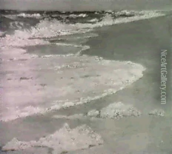 Waves Breaking On The Beach Atskagen. Oil Painting - Peder Severin Kroyer