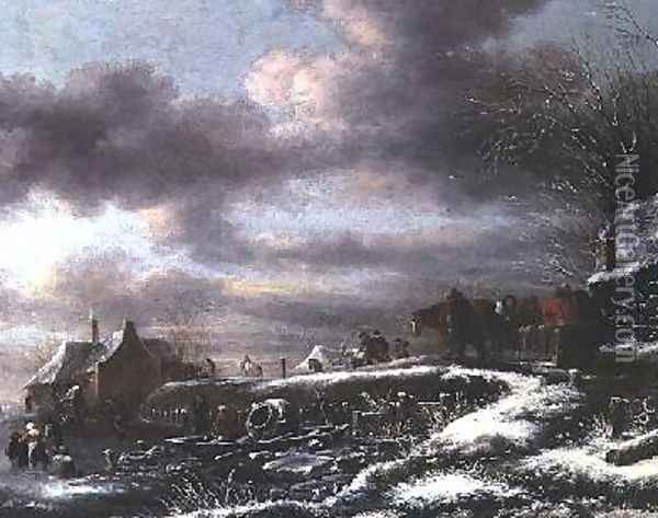 A Winter Landscape with Figures in a Horse-drawn Sledge Oil Painting - Claes Molenaar (see Molenaer)