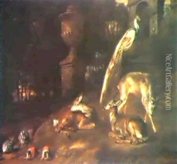 Hjorte, Kaniner, Marsvin Og Pafugl I En Park Oil Painting - David de Coninck