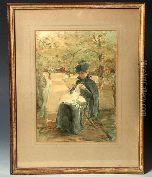 A Lady Seated And Sewing In A Garden Setting Oil Painting - Alfred Sisley