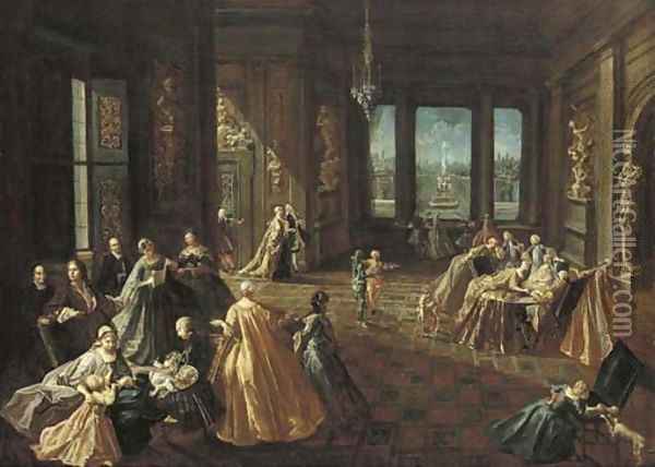 The interior of a palace with elegant figures Oil Painting - Giovanni Domenico Lombardi