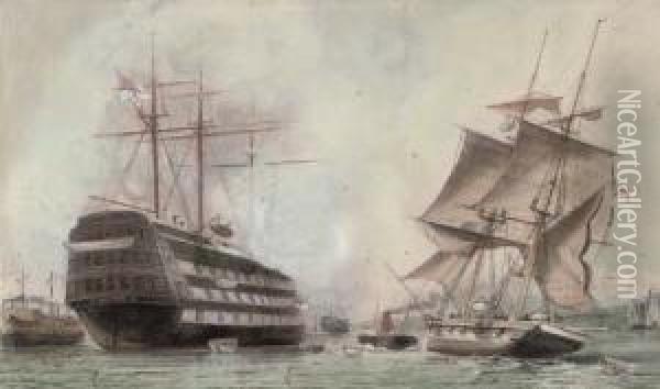 H.m.s. Victory Lying On Her Permanent Mooring In Portsmouth Harbour Oil Painting - William Edward Atkins
