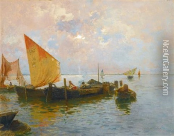 Sailing Boats On The Lagoon, Venice Oil Painting - Rubens Santoro