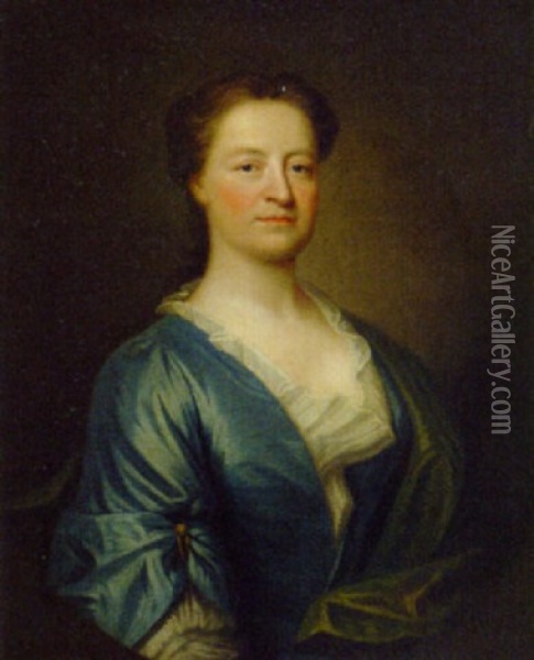 Portrait Of A Lady, Half-length, In A Blue And White Dress And Green Wrap Oil Painting - Thomas Bardwell