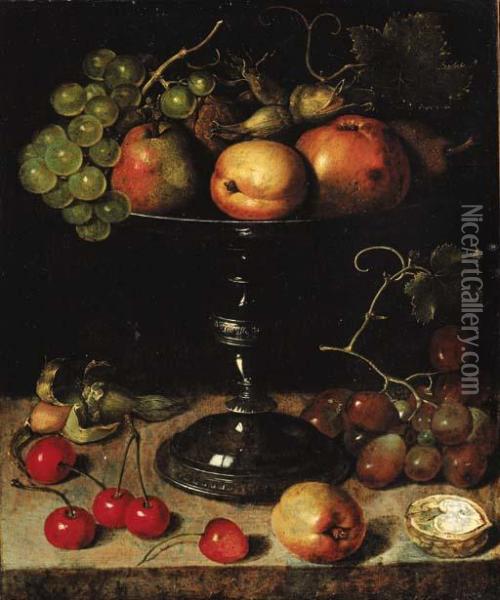 Pears, An Apple, An Apricot, 
Grapes, Almonds And Wallnuts On A Tazza With Grapes, A Wallnut, An 
Abricot, Cherries And Almonds On A Stone Ledge Oil Painting - Clara Peeters