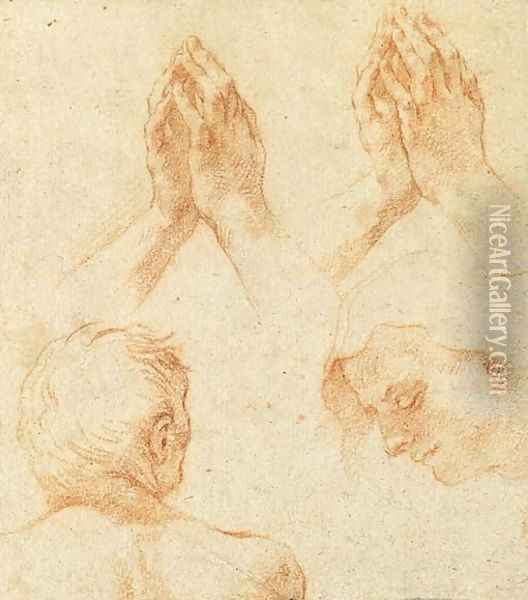 The Head Of A Man Seen From Behind, Praying Hands And The Head Of The Virgin Oil Painting - Brtolomeo Cesi