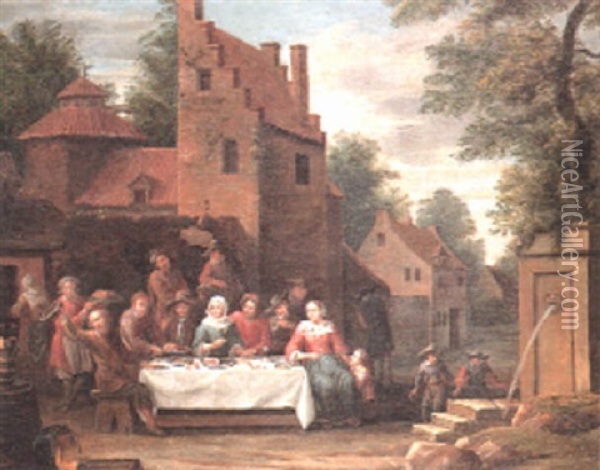 A Wedding Feast Outside A Country Manor House Oil Painting - Matheus van Helmont