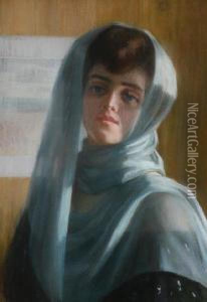 Portrait Of A Lady In A Blue Scarf Oil Painting - Emile Berchmans