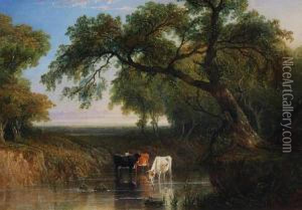 Cattle Watering At A Pool Oil Painting - Frederick Henry Henshaw