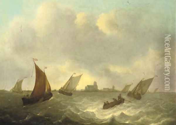 Shipping in choppy waters, a town beyond Oil Painting - Dutch School