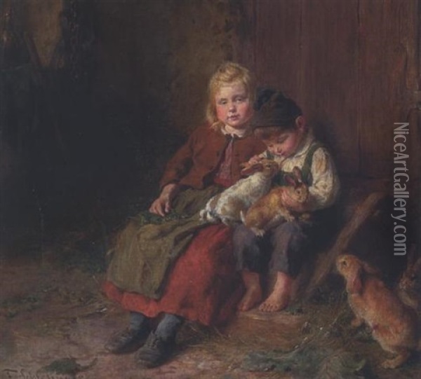 Madchen Und Kleiner Junge Im Stall Oil Painting - Felix Schlesinger