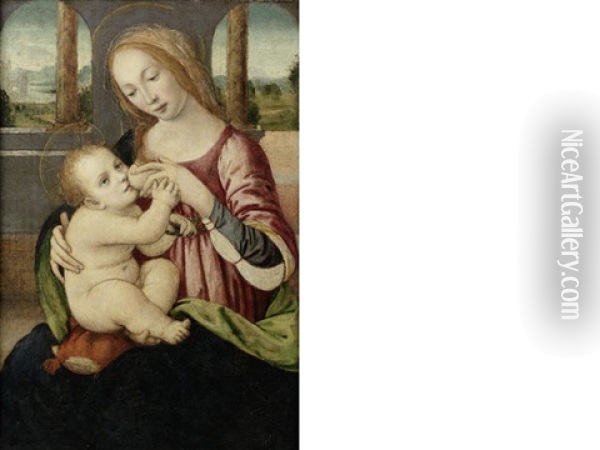 The Madonna And Child, Seated In A Loggia Before An Open Landscape Oil Painting - Lorenzo Di Credi