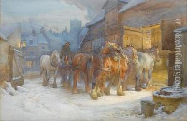 Horses Being Led To Their Stables Atdusk Oil Painting - Charles James Adams