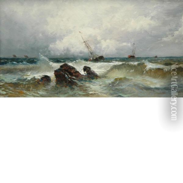 Ships Off Shore Oil Painting - Alfred Godchaux