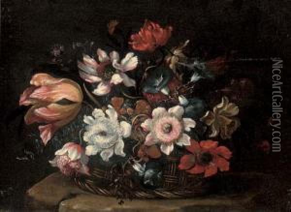 A Tulip, Morning Glory, Roses And Other Flowers In A Wicker Basket On A Stone Ledge Oil Painting - Bartolomeo Ligozzi