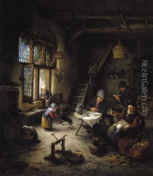 A Peasant Family In A Cottage Interior Oil Painting - Adriaen Jansz van Ostade