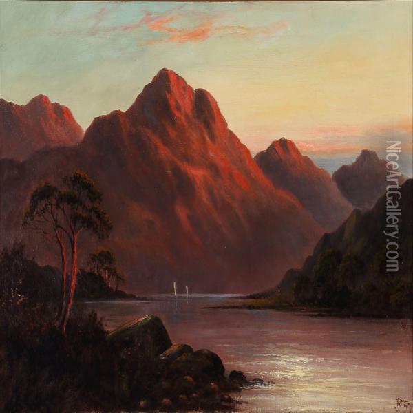 Sunset At Mountain Lake Oil Painting - John Henry Boel