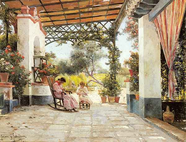 Mother and Daughter Sewing on a Patio Oil Painting - Manuel Garcia y Rodriguez