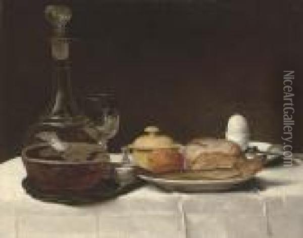 Still Life With Bread, A Kipper,
 An Egg And A Decanter Of Ale On A Table With A White Linen Table-cloth Oil Painting - George, of Chichester Smith