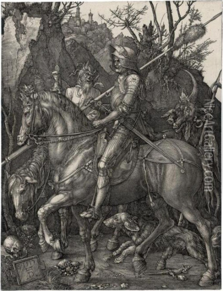 Knight, Death And The Devil (b. 98; M., Holl. 74; S.m.s. 69) Oil Painting - Albrecht Durer
