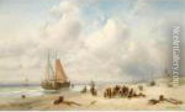Fisherfolk On The Beach Oil Painting - Charles Henri Leickert