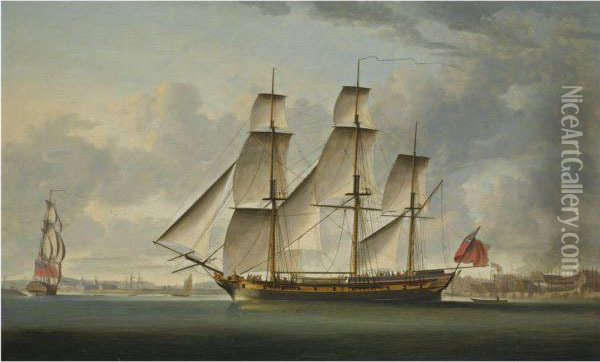 The East Indiaman Delaford, In Two Positions, Passing Deptford, Theroyal Hospital At Greenwich Beyond Oil Painting - Robert Dodd