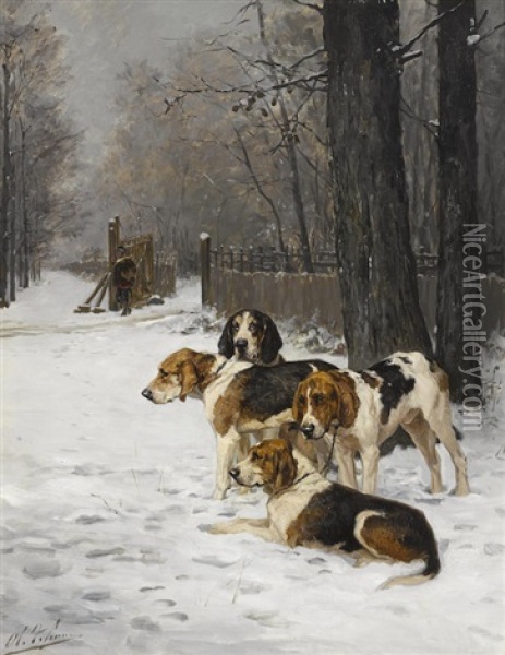 Hounds In A Snowy Landscape Oil Painting - Olivier de Penne
