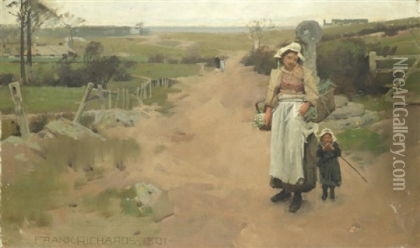 Mother And Daughter On A Country Lane Oil Painting - Frank Richards