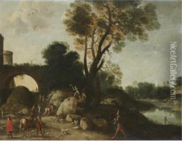 A Classical Landscape With 
Cavaliers In The Foreground, A Woodcutter Felling A Tree Beyond Oil Painting - Filippo D Angeli