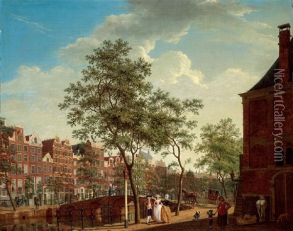 Amsterdam, A View On The Keizersgracht From The Westermarkt, With The Westerhal On The Right, Elegant Figures Conversing In The Foreground, A Horse-drawn Carriage Crossing A Bridge Oil Painting - Isaac Ouwater