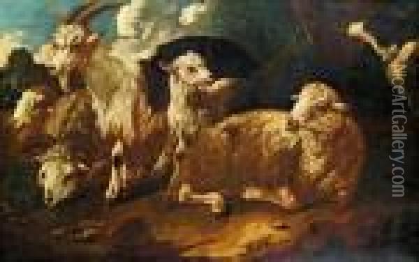 Ziegenbock Und Ruhende Schafe Mit Hirtenhund In Campagna-landschaft Oil Painting - Philipp Peter Roos