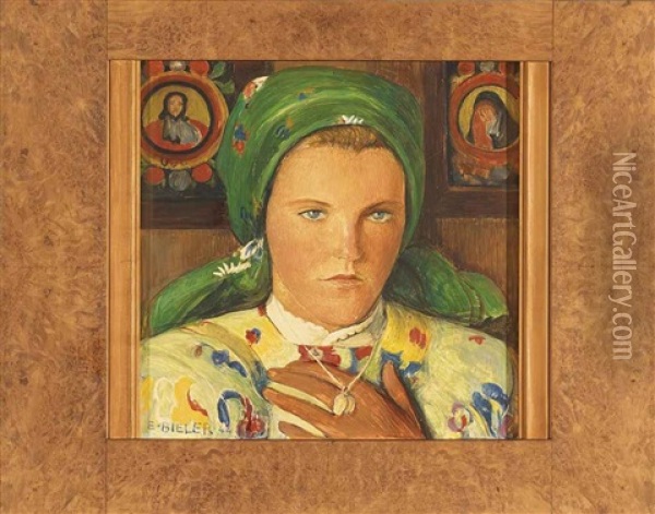 Portrait De Jeune Valaisanne Au Foulard Et Au Collier Oil Painting - Ernest Bieler