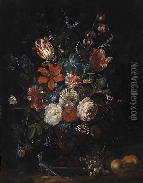 Roses, Tulips, Lillies, Carnations, Convolvulus and other Flowers in an ornamental Vase with Apples Oil Painting - Rachel Ruysch