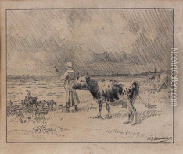 Jeune Fermiere Et Ses Vaches Devant La Mer Oil Painting - Adolphe Charles Marais