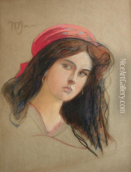 Portret Kobiety W Czerwonej Chustce Oil Painting - Michal Ichnowski