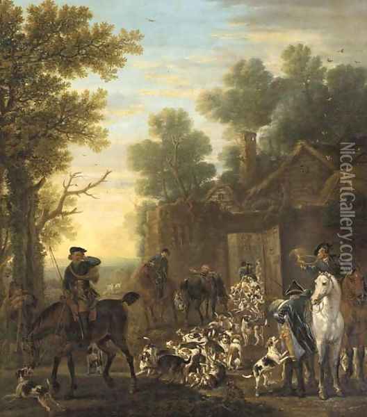 A hunting scene showing the release of the hounds, in a wooded landscape Oil Painting - John Wootton